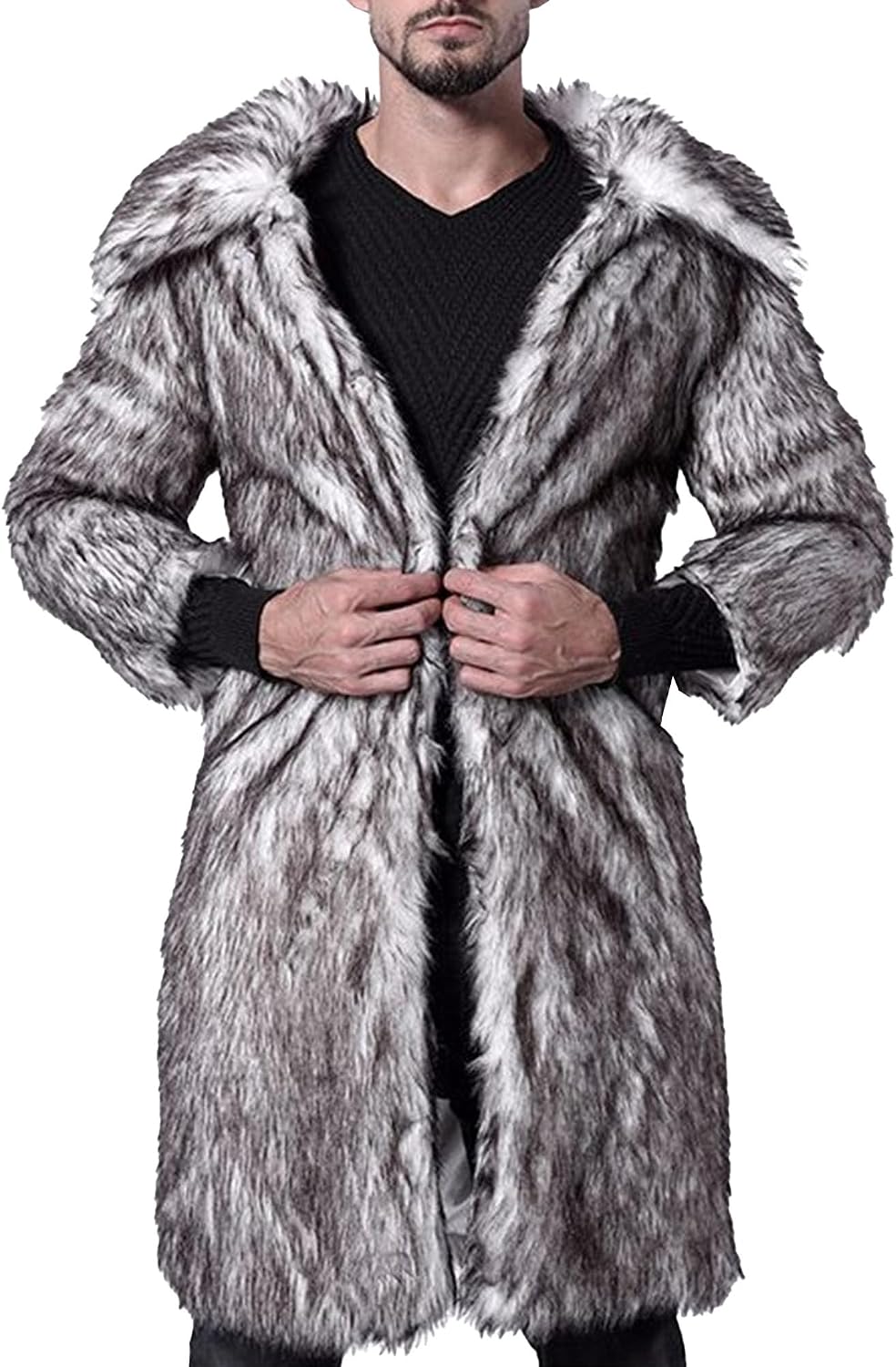 Maiyifu-GJ Men's Winter Faux Fur Coats Winter Warm Open Front Overcoat Mid-Length Thicken Soft Parka Outerwear