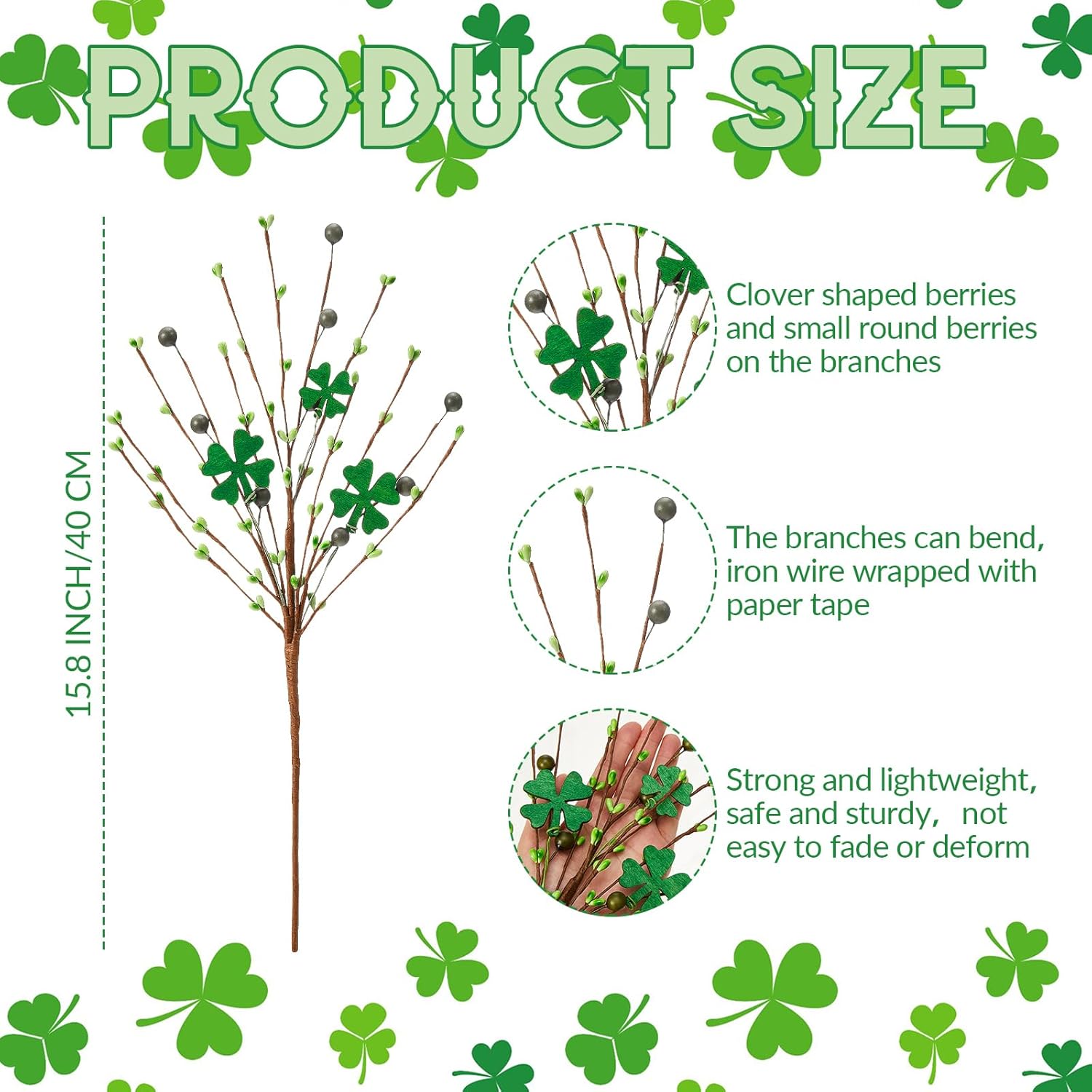 XunYee 24 Pack St. Patrick's Day Decorations 16" Artificial Shamrock Plant Picks Clover Berry Stems St. Patrick's Day Floral Picks Table Centerpieces for Irish Flower Arrangement Vase Home Decor