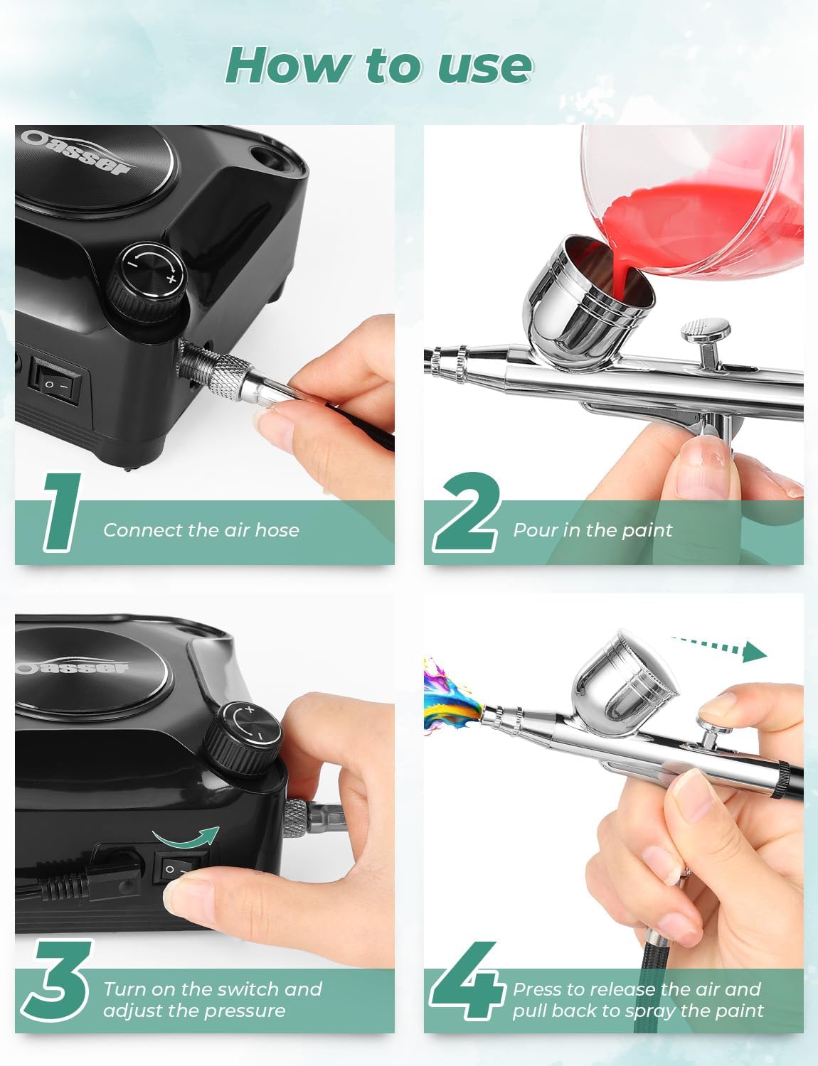 A hand connecting the air hose to the airbrush compressor.