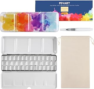 Empty Watercolor Palette Tins Box Metal Paint Case with Fold Out Palette, Medium Colorful Watercolor Tray Palette with 37 Empty Half Pans and a Watercolor Pen for DIY Travel Watercolor Palette