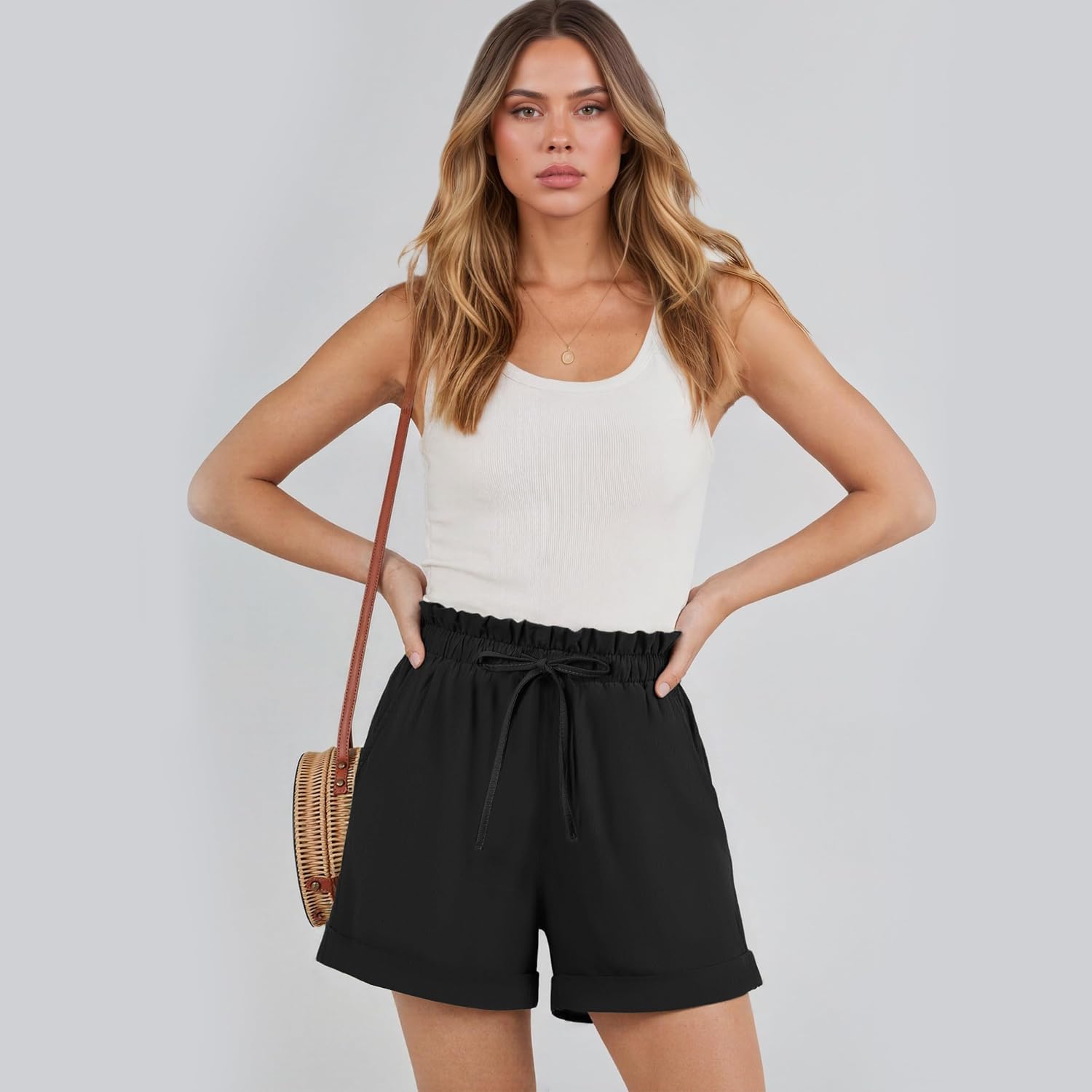 TCHH-DayUp Women‘s High Waisted Elastic Waist Shorts with Pockets - Lightweight Summer Beach Casual Lounge Drawstring Shorts