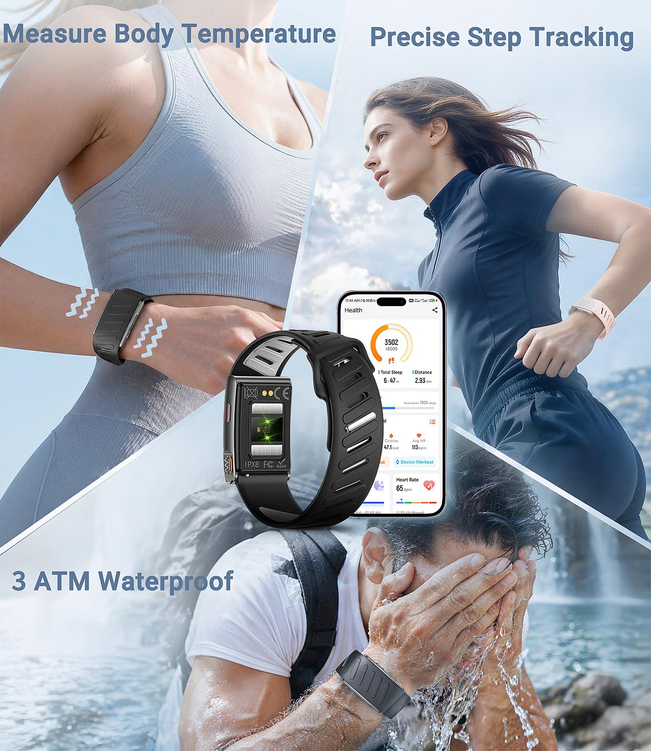 Smart Band, Fitness-Tracker mit EKG, HRV, SpO2, Schlafüberwachung, Pulsmessung, Schrittzähler Armband mit Temperaturmessung, 100+ Sportmodi, 3ATM wasserdicht, Fitness Armband kompatibel Android iOS