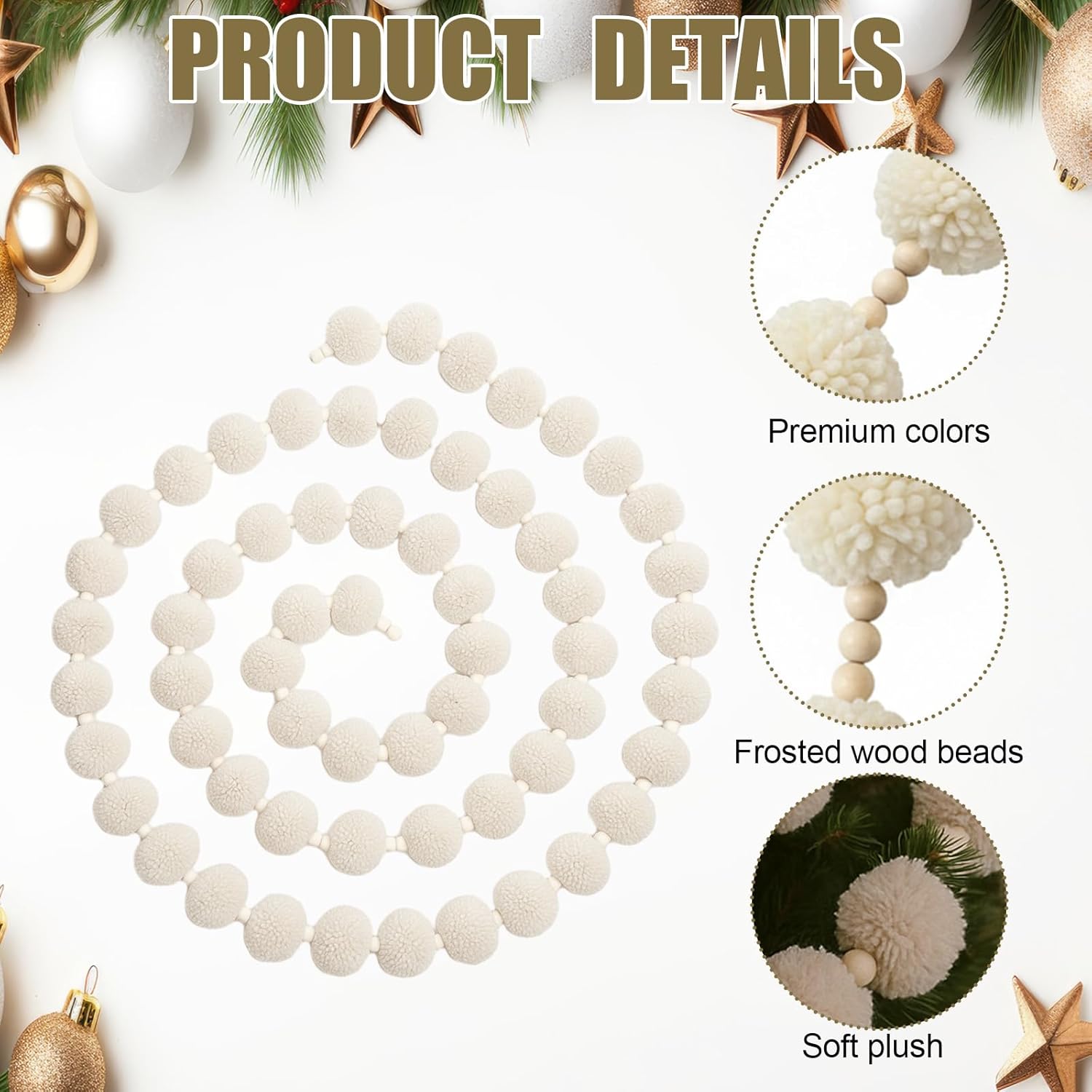 16ft Yarn Boho Pom Pom Ball Garland Christmas Tree Yarn Ball with Wood Beads Retro Farmhouse Mantel Holiday Decoration Boho Home Decor for Christmas Tree Fireplace Furniture(White)