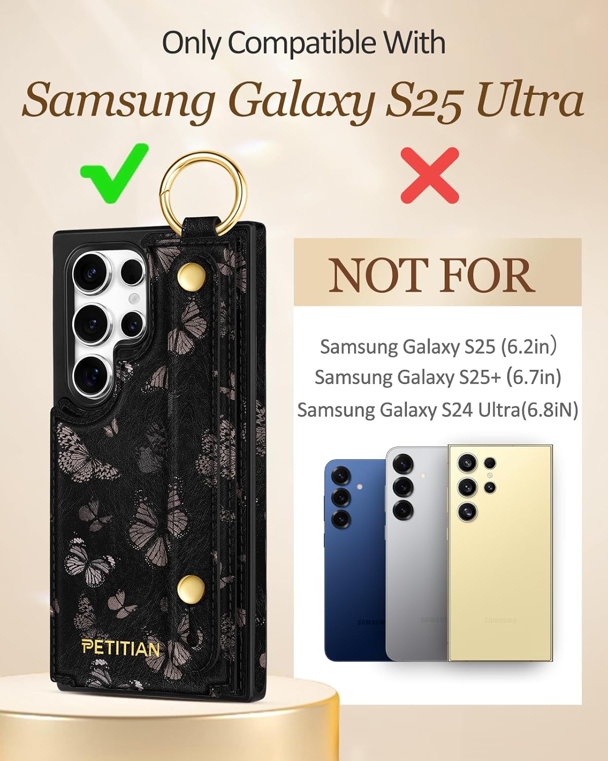 Petitian for Samsung Galaxy S25 Ultra Case with Wallet - Women Girls Cute Girly Aesthetic Unique Design Leather Credit Card Holder Cardholder Stand Wristband for S25 Ultra, Black Butterfly - Image 2