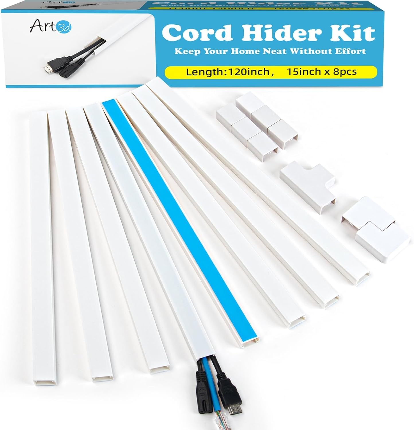 Art3d Cord Hider, 120in Cord Cover, Large Cable Hider, Self Adhesive Wire Covers for 4 Cords, Paintable Cable Raceway Wire Hider, Wall Mount TV Cords Management, 8X W0.94 H0.54in, White
