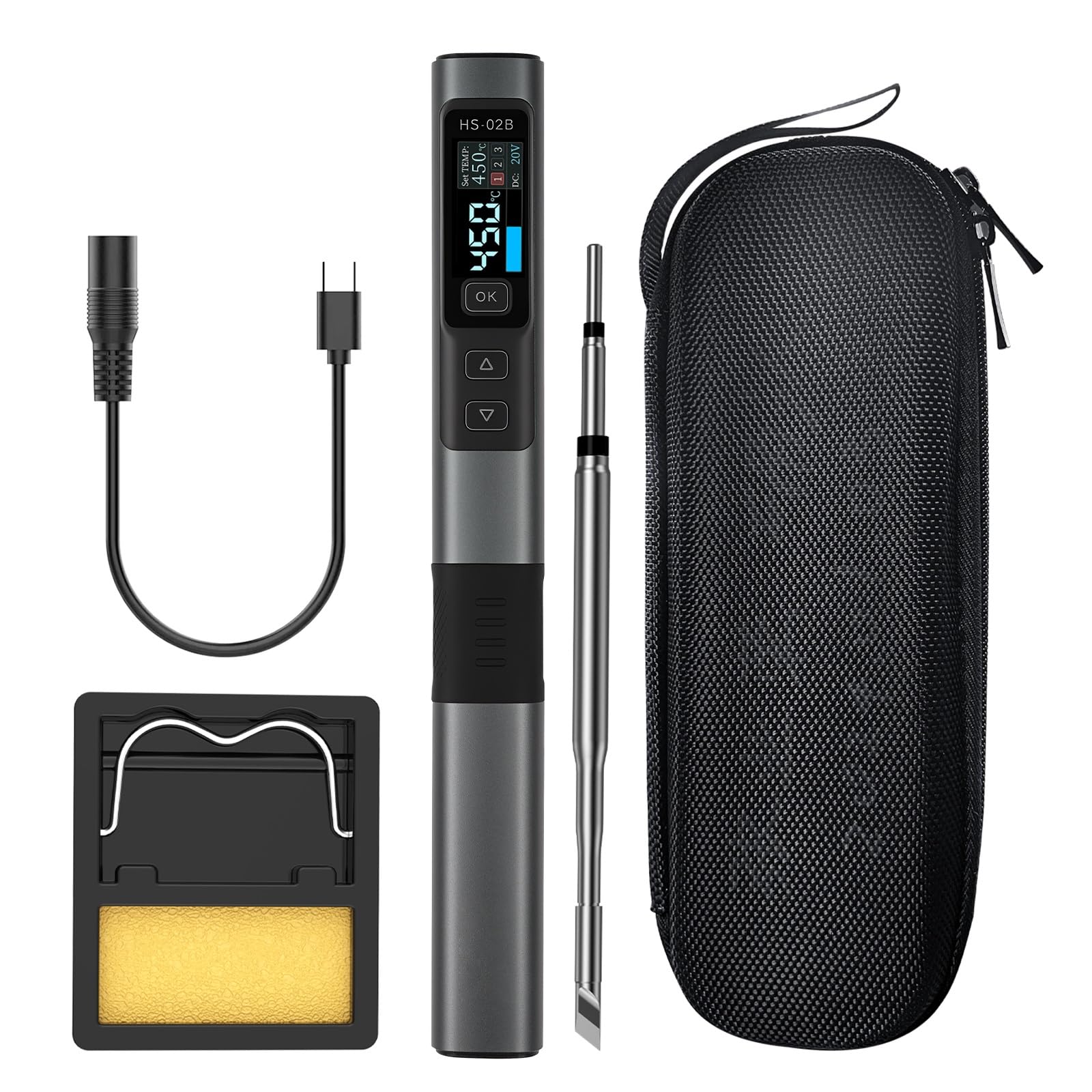 HS-02B Soldador Estaño 100W con LCD, Kit de Soldador de Estaño Profesional DC9-24V Soldering Iron interfaz Type-C, 2S Calentamiento Rápido, 180-842℉ Ajustable, Reposo Automático, 1 Punta de Soldadura