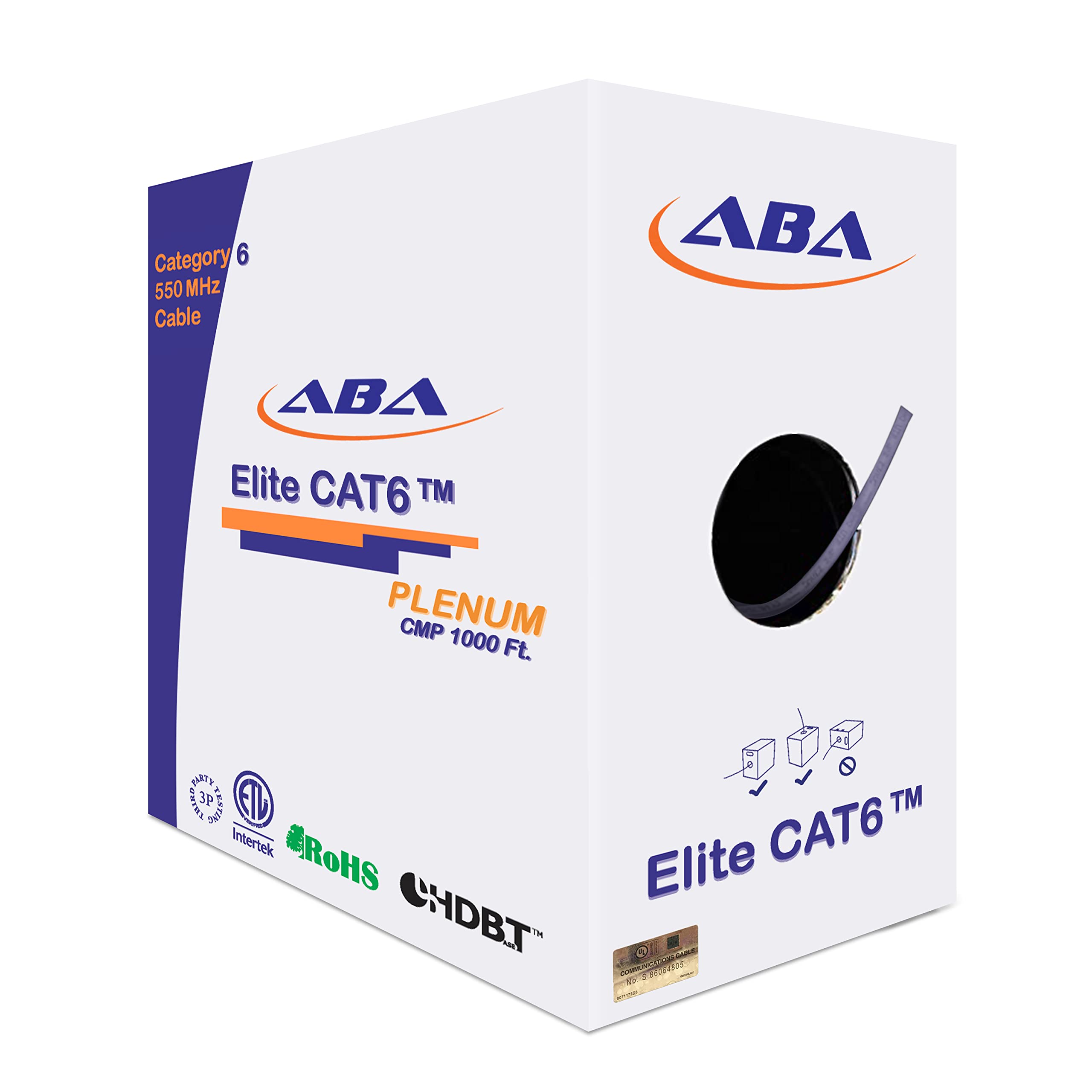 Elite Cat6 Plenum (CMP), Ethernet Cable 1000ft, Unshielded Twisted Pair (UTP) 23AWG, Solid Pure Bare Copper, 550MHz, UL Certified, Easy to Pull (Reelex II) Box, Bulk Networking Cable, Violet