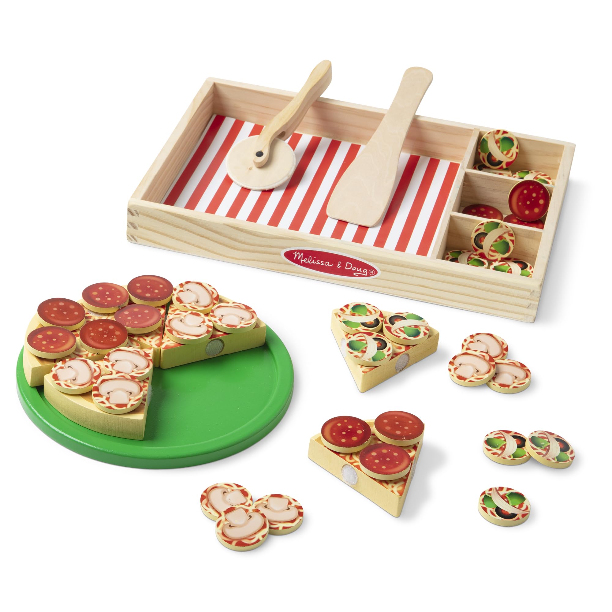 Melissa & Doug Pizza Party - Set Gioco Cibo in Legno, Pizza da Tagliare e Condire con Accessori, Gioco di Imitazione Montessori, Regalo Educativo per Bambini e Bambine, 3+ Anni