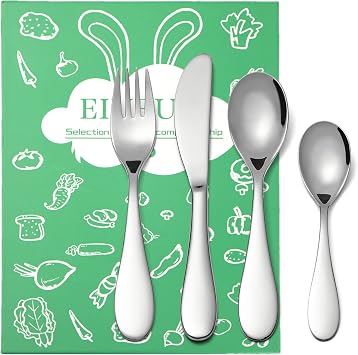 Kids Silverware Set, EIUBUIE18/10 Stainless Steel Metal Toddler Utensils, Safe Reusable Child Cutlery Flatware Includes Fork Knife Table Spoons for Eating4 Piece, Mirror Polished