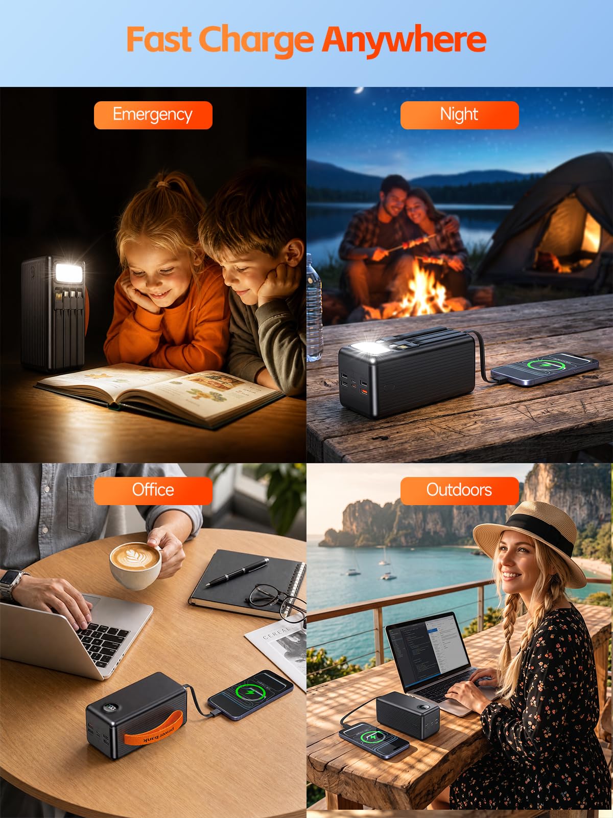 Batterie Externe 70000mAh, Charge Rapide PD 30W Power Bank avec 4 Câbles Intégrés, 8 Sorties & 4 Entrées, Écran LED Numérique & Lampe de Camping, Chargeur Portable USB C pour Smartphones