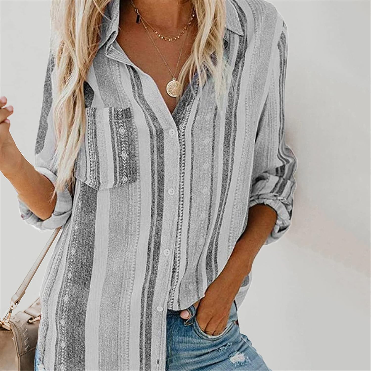 Andongnywell Womens V Neck Striped Roll up Sleeve Button Down Blouses Top Fashion Colorful Striped Shirt with Pockets