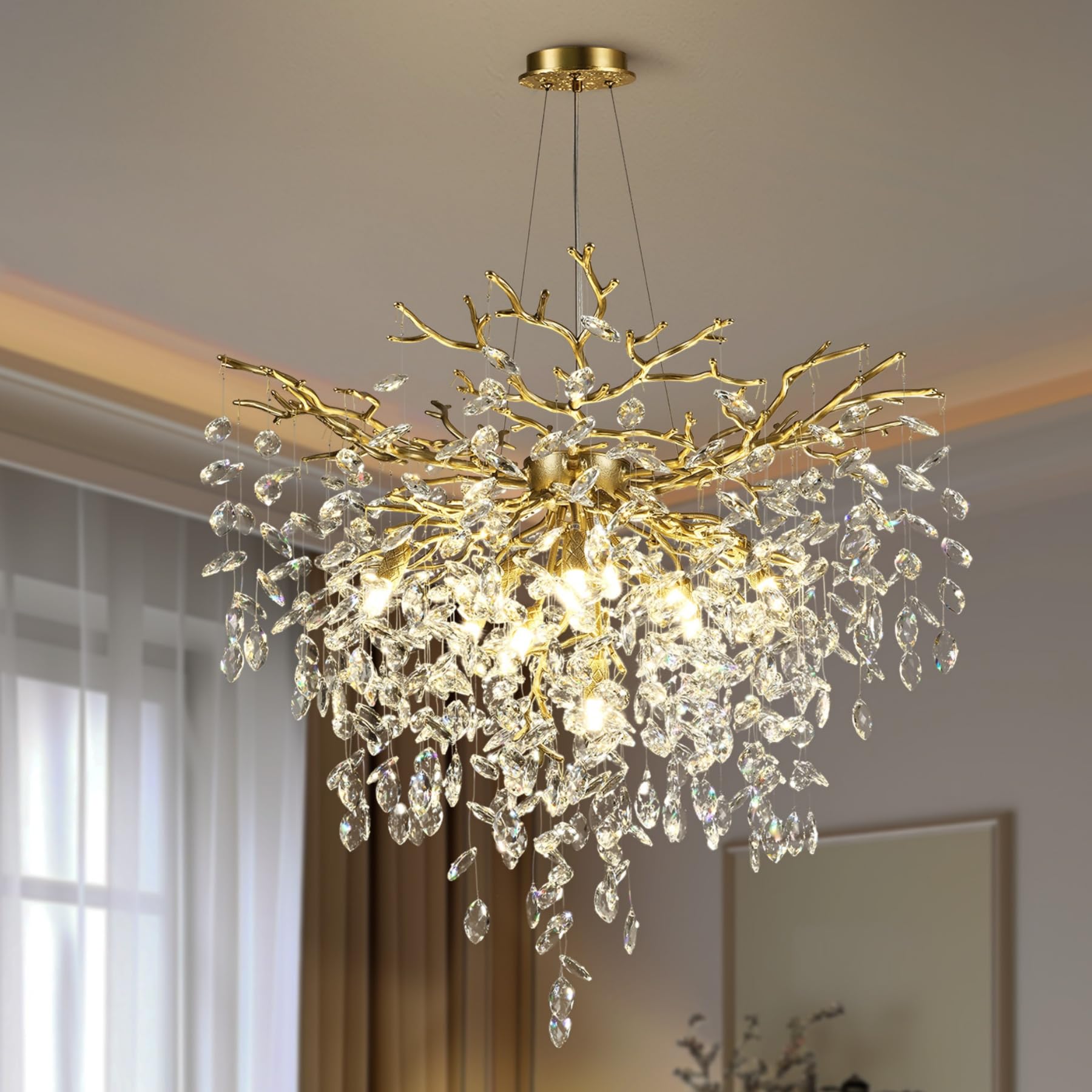 HJCKJSMEOU 32 inch Crystal Chandelier for Dining Room, Round Gold Tree Branches Chandeliers, Top K9 Modern Kitchen,Foyer Entryway,Luxury Adjustable Hanging Chandeliers