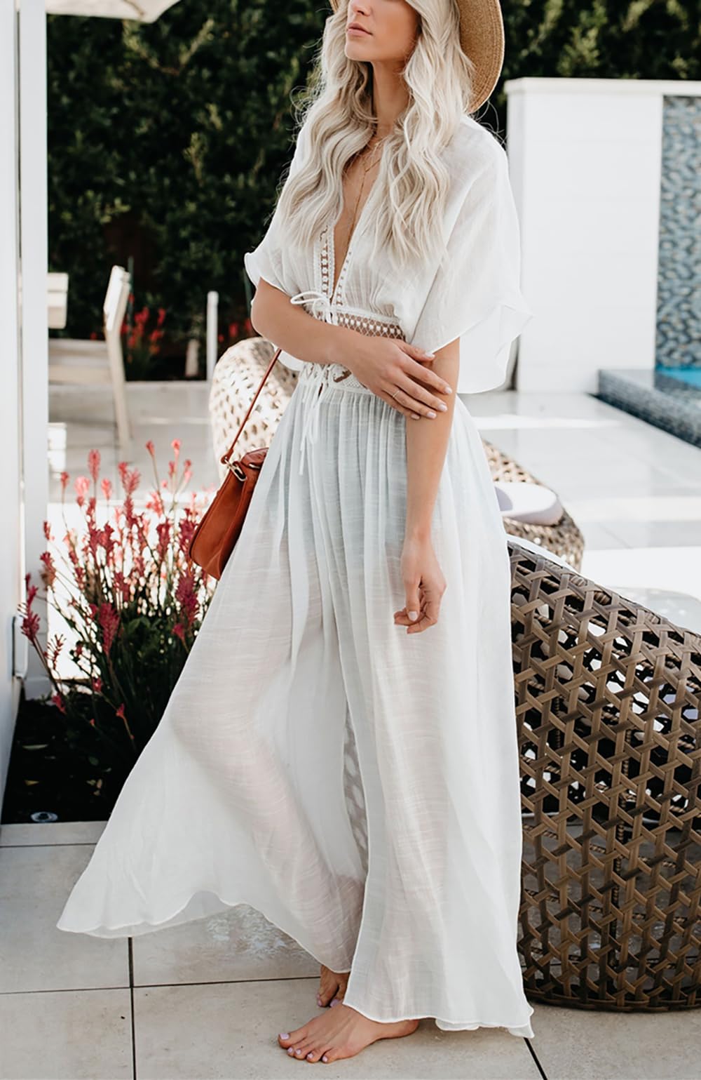 LikeJump Damski kwiatowy koronkowy kaftan boho okrycie bikini maxi sukienka kostium kąpielowy kimono