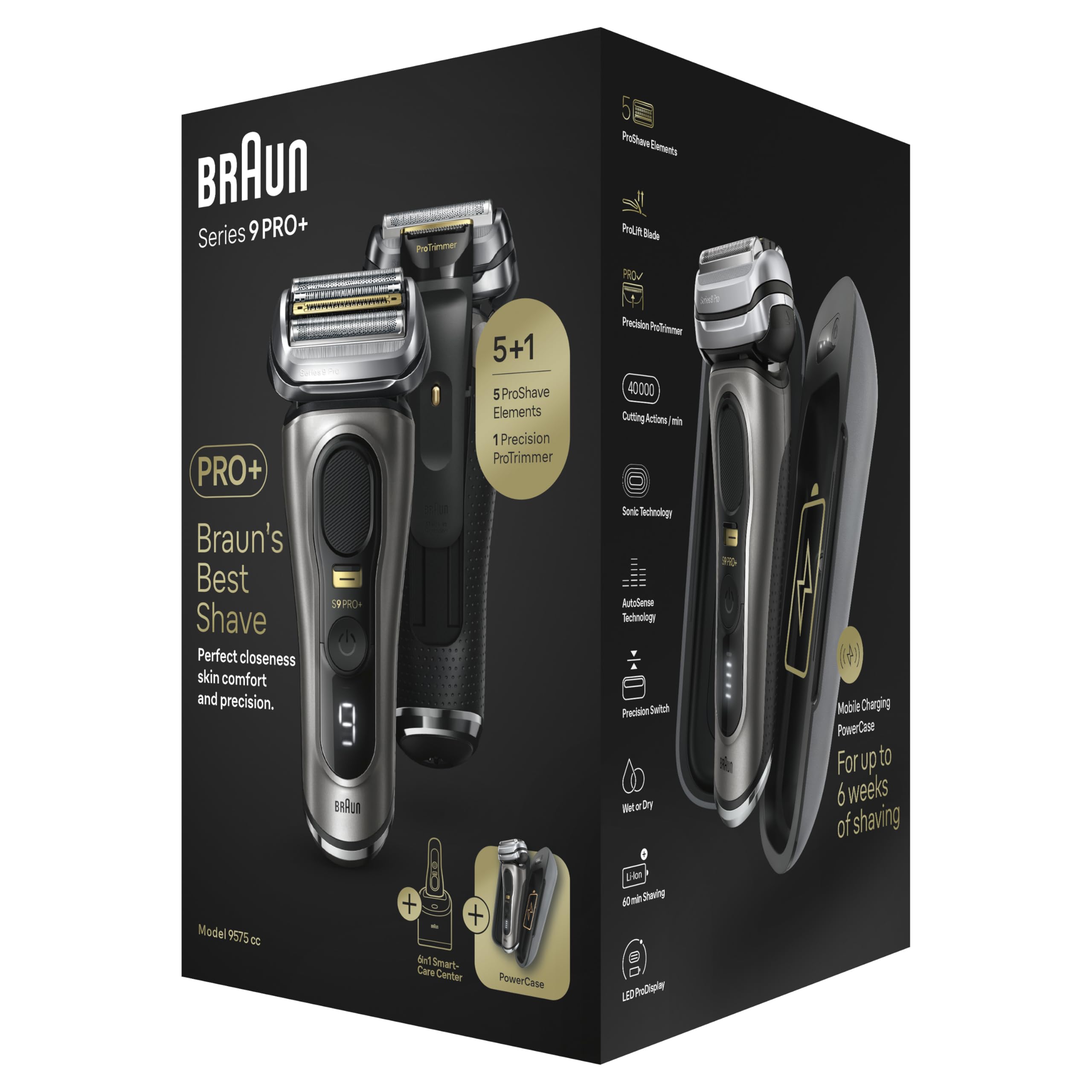 Braun Series 9 PRO +, Rasoio Elettrico Barba, Rifinitore di precisione, con PowerCase, Lame Flessibili, Stazione SmartCare, Uso a Secco o Sotto Acqua, Batteria Litio Ion, Idea Regalo, 9575cc Grafite