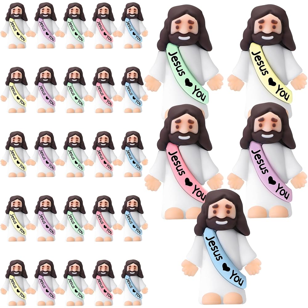 Bememo 25 Pcs Little Jesus Figures Original Design Jesus Love You Mini Rubber Toys to Hide and Seek Christmas Religious Party Favors Sunday School Baptism Gifts(Macaron Colors)
