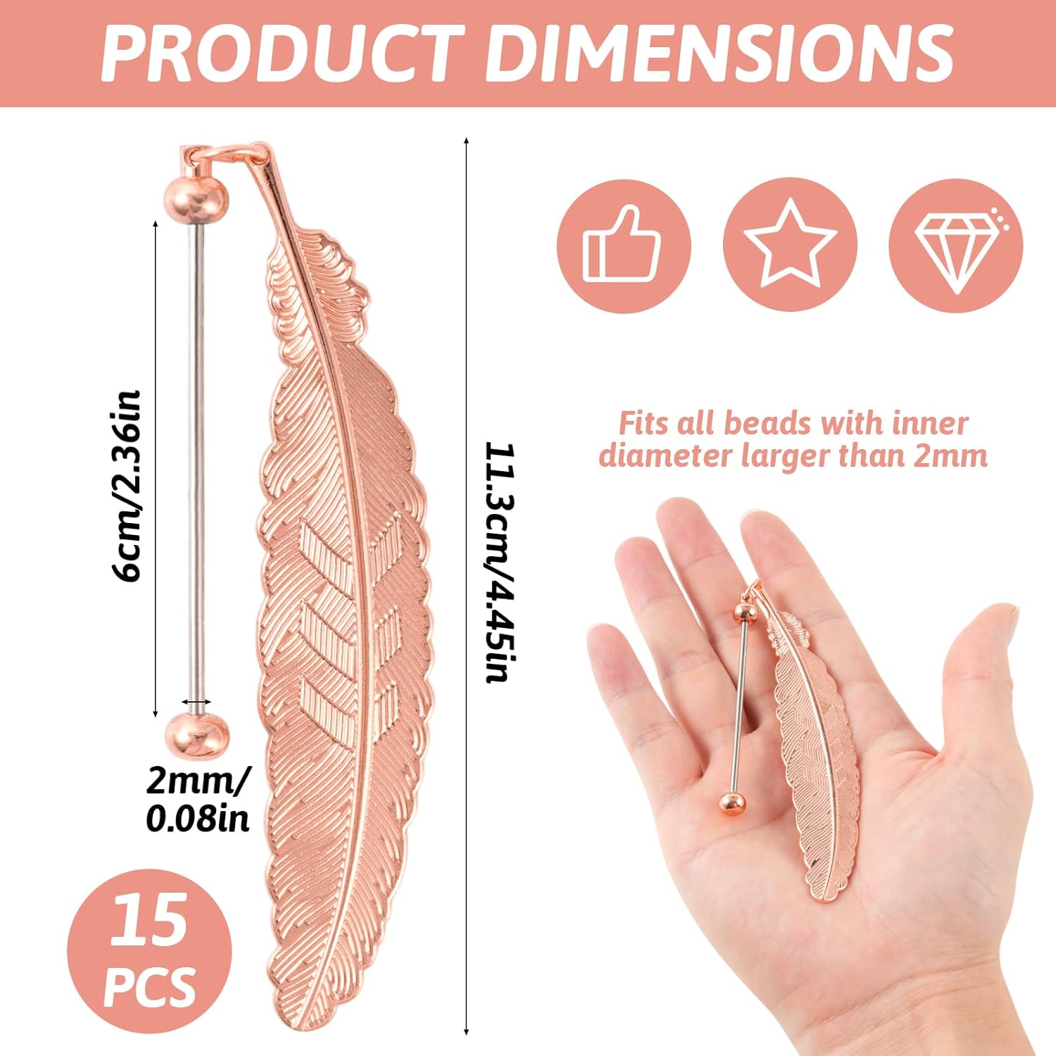 15 Pcs Beadable Bookmarks DIY Feather Metal Bookmark Bars for Beads and Charms, Blank Pendant Bookmarks for Teachers Students, Book Lovers Craft Supplies - Image 2