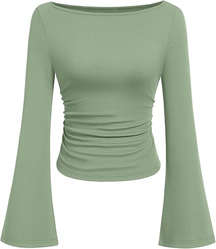 PRETTYGARDEN Womens Long Sleeve Shirts 2026 Spring Crop Going Out Tops Casual Boat Neck Bell Sleeve Ribbed Ruched Y2K Clothes