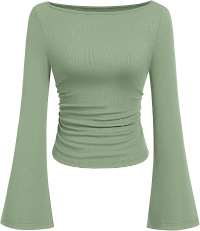 PRETTYGARDEN Womens Bell Long Sleeve Ribbed Knit Tops