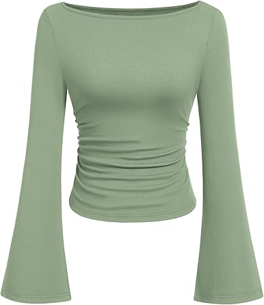 PRETTYGARDEN Womens Long Sleeve Shirts 2026 Spring Crop Going Out Tops Casual Boat Neck Bell Sleeve Ribbed Ruched Y2K Clothes