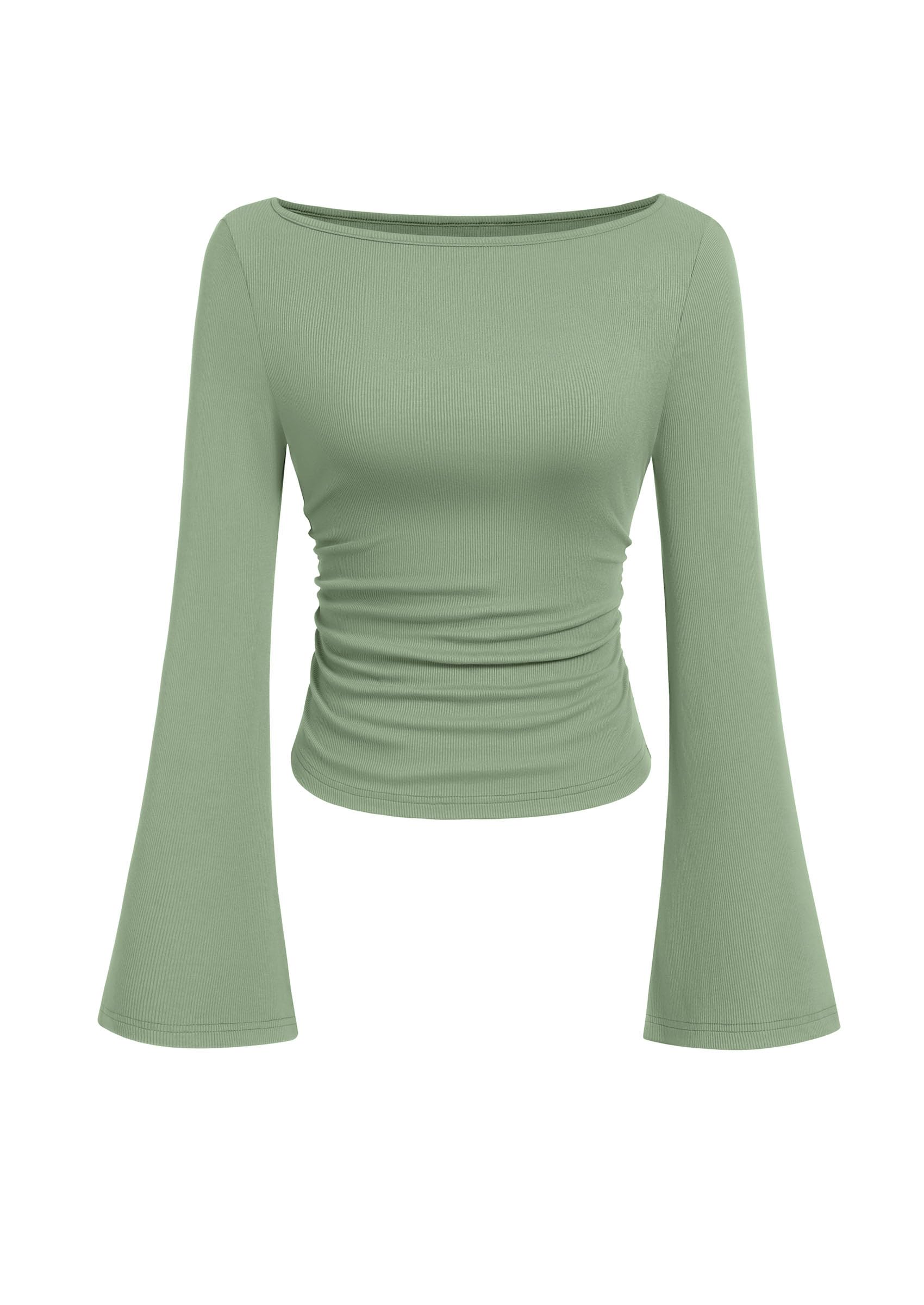 PRETTYGARDEN Womens Bell Long Sleeve Ribbed Knit Tops OEKO-TEX STANDARD 100