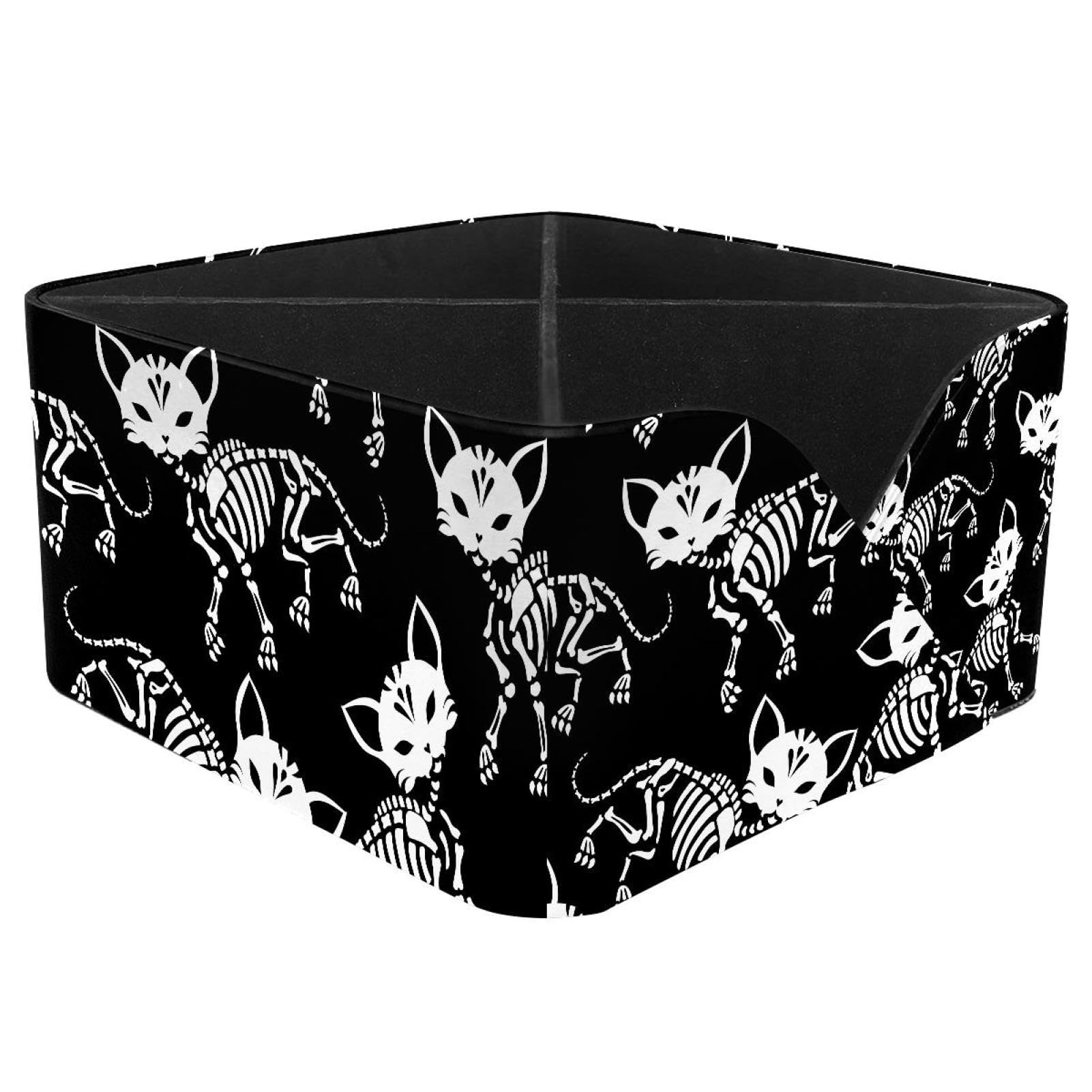 KengjuTesu Cute Skeletons of Cat Pattern Desktop Organizer Pen Holder, Rectangular Pencil Cup for Office, Study and Makeup Stations
