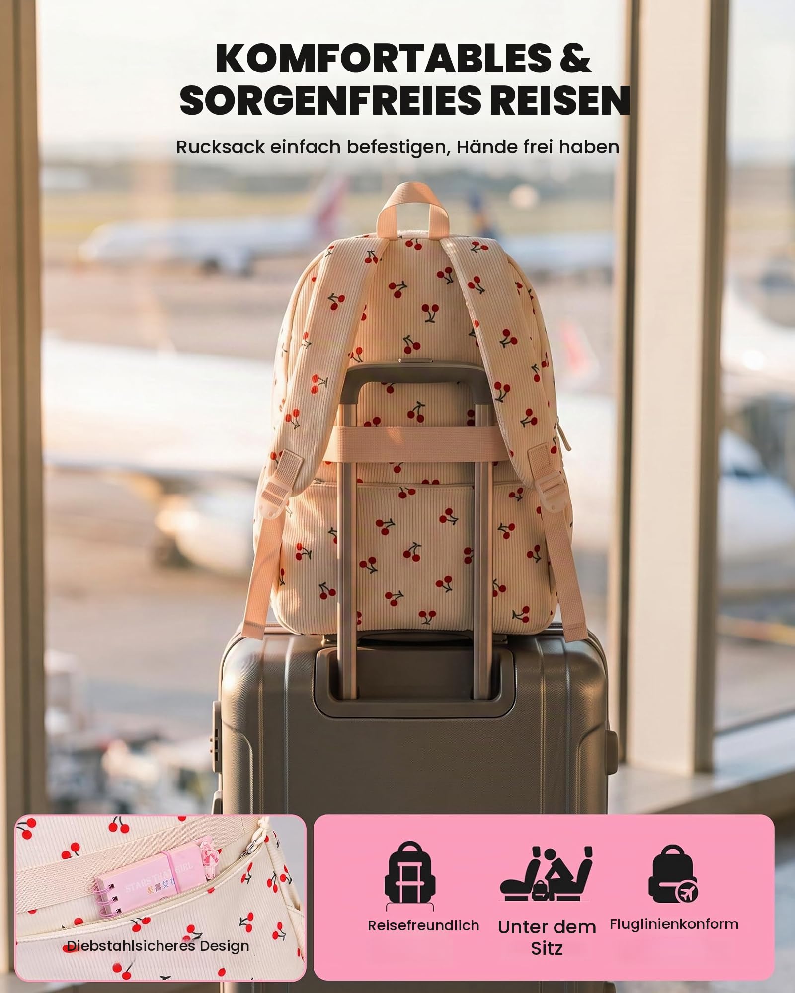 Amythe 3-teilige Schulrucksack Set für Mädchen 3.-7. Klasse, Leicht 23L | Teenager Schultasche mit Lunchbag & Federmäppchen, Schulranzen für Grundschule & Mittelstufe, Wasserfest, Beige