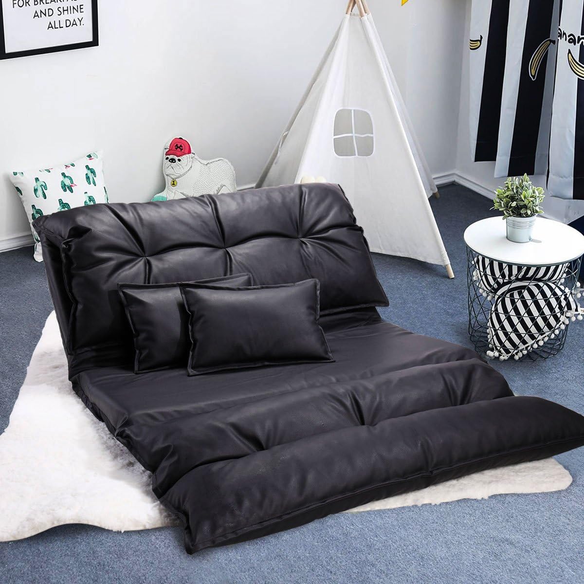 JAXPETY Adjustable Folding Leisure Sofa Bed, Floor Chaise Lounge Sofa Chair with 2 Pillows and 5 Reclining Position, Video Gaming Sofa for Bedroom Living Room (PU Leather, Black): Kitchen & Dining