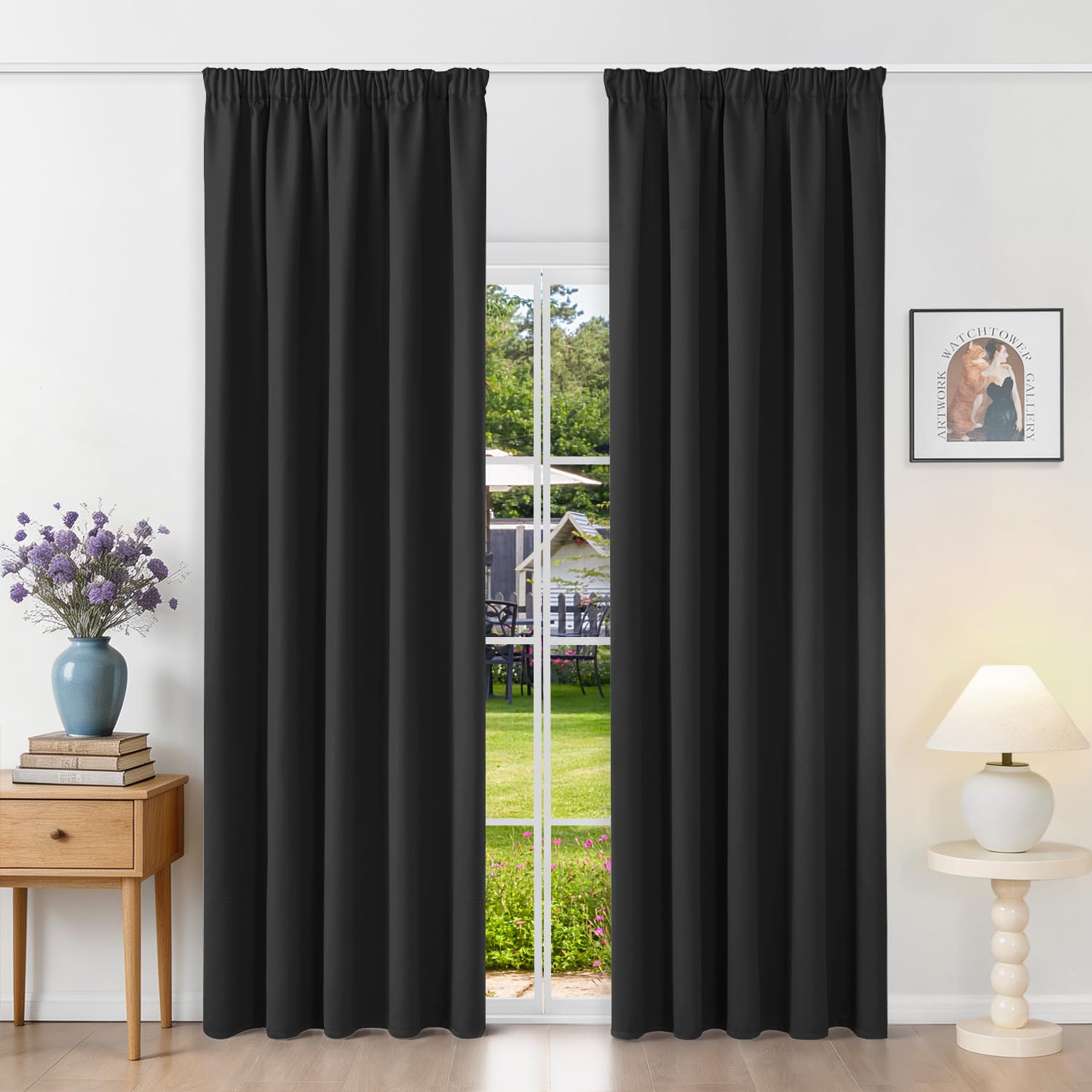 Runyéla Pencil Pleat Blackout Curtains for Bedroom Thermal Curtain 66 x 72 Inch Drop Living Room Kitchen 2 Panels Black — image 1