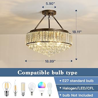6-Lights Modern Crystal Chandelier Bronze Metal Semi Flush Mount Ceiling Light Fitting Round Ceiling Light for Dining Room Living Room Bedroom Bathroom Kitchen [Energy Class A]