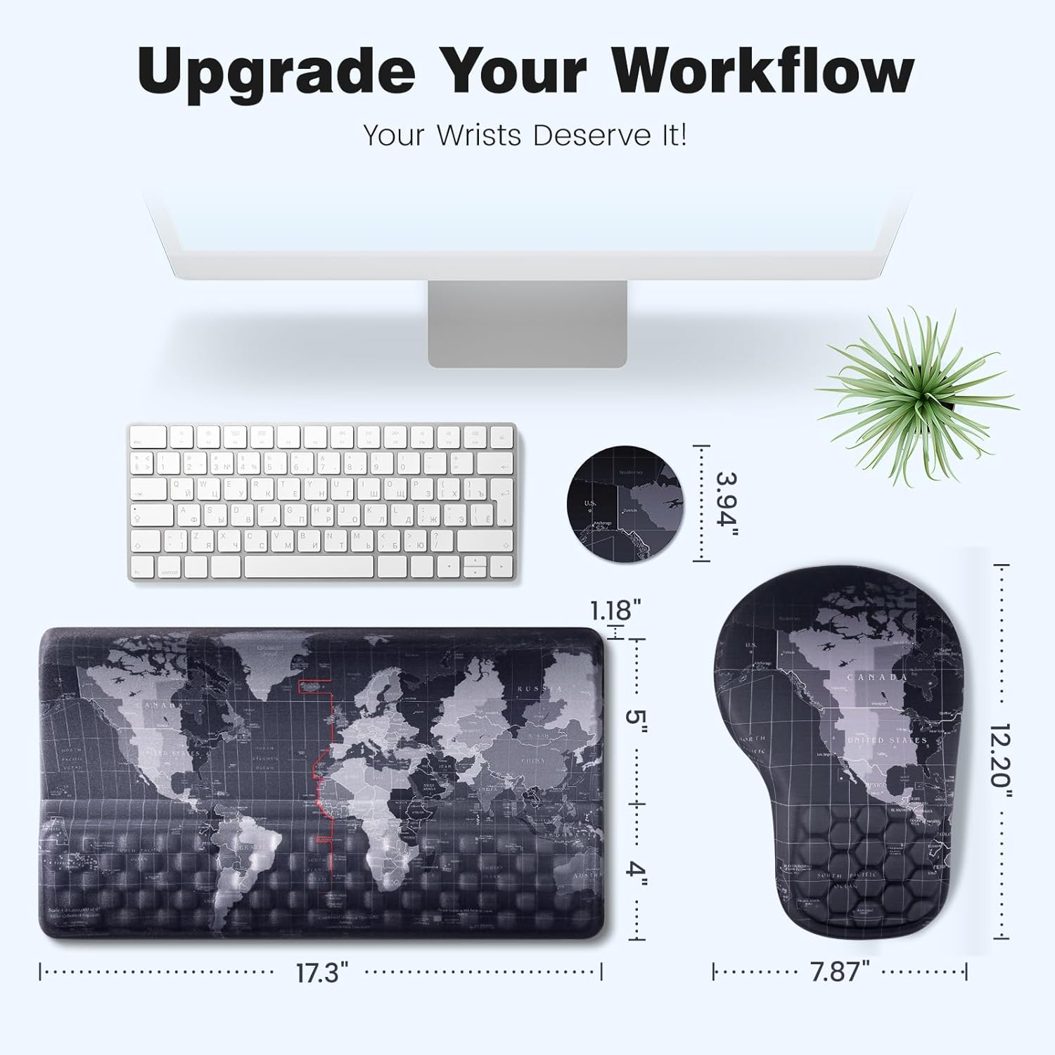 Ospelelf Ergonomic Mouse Pad and Keyboard Stand Wrist Rest Set, Memory Foam Comfort, Pain Relief for Typing, Office Desk Accessories, Map
