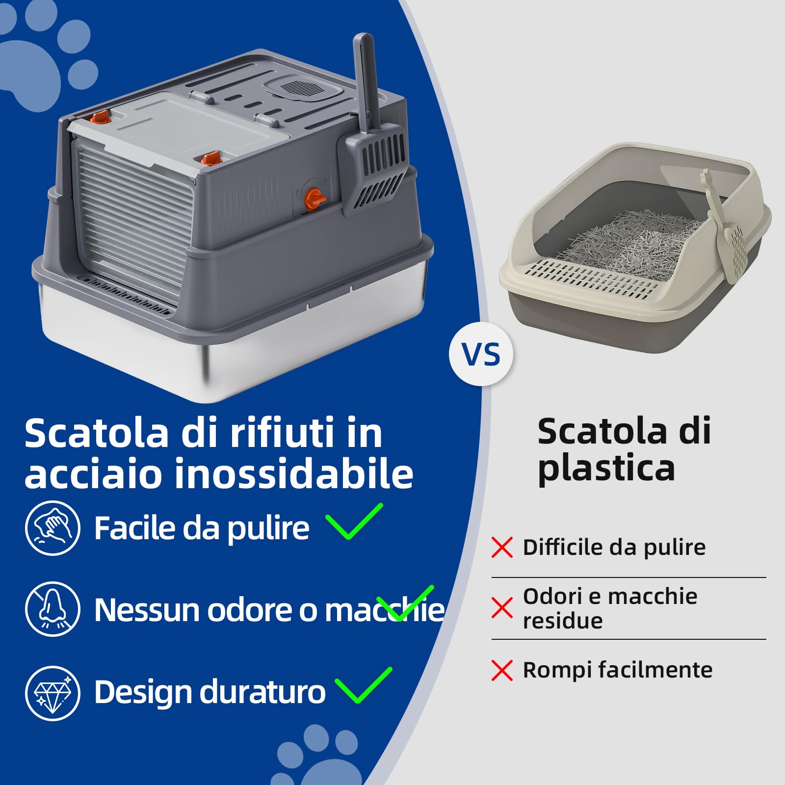 Lettiera per gatti in acciaio inox con coperchio, piccola lettiera chiusa con lati alti per neonati e giovani gattini, facile da pulire, ideale per gatti piccoli, 45 x 35 x 36 cm