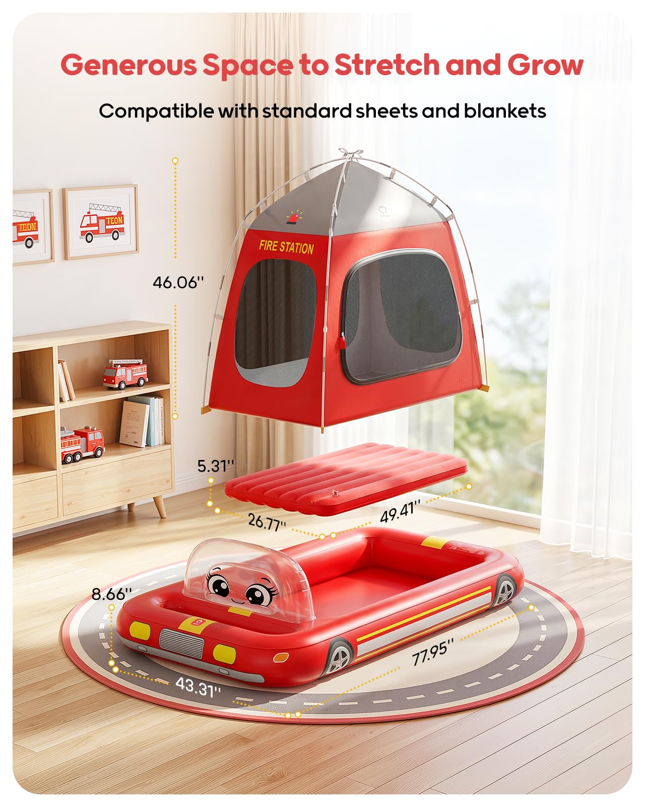 QPAU Inflatable Toddler Travel Bed with Tent Truck Red