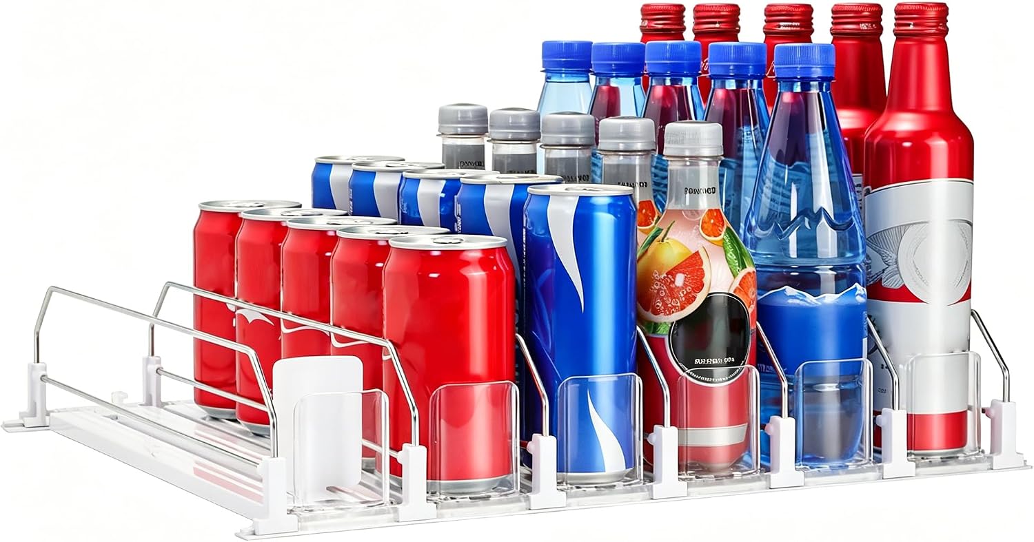 Upgraded Drink Organizer for Fridge，Soda Can Dispenser for Refrigerator，Automatic Self-Pushing Drink Pusher，Space-Saving Fridge Storage，Holds up to 10-15 Cans, 2 Row