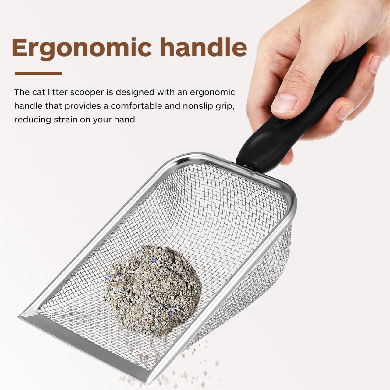 WOONEKY Cat Litter Scoop Metal Cat Litter Scooper with Small Holes Long Ergonomic Handle Hanging Hole Sifter for Efficient Box Cleaning 10.82 X 3.93 X 1.96 in