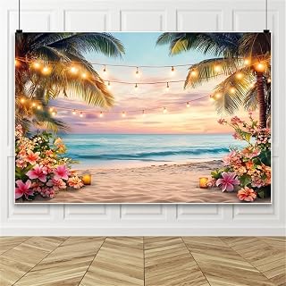 Leowefowa 7x5ft Hawaiian Beach Backdrop Summer Ocean Sunset Seaside Scenery Photography Background Tropical Flower Palm Tree Aloha Wedding Birthday Party Luau Portrait Photoshoot Props