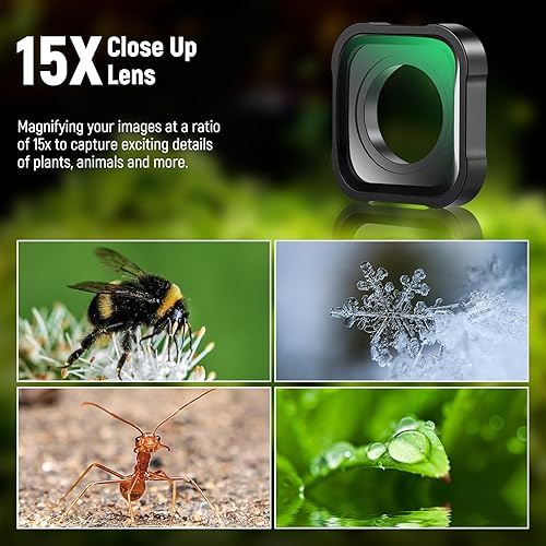 Miniatura 3 de NEEWER Lente macro 15X compatible con GoPro Hero 12 Hero 11 Hero 10 Hero 9 8 7 6 negro cámara de acción filtro de primer plano antirreflectante