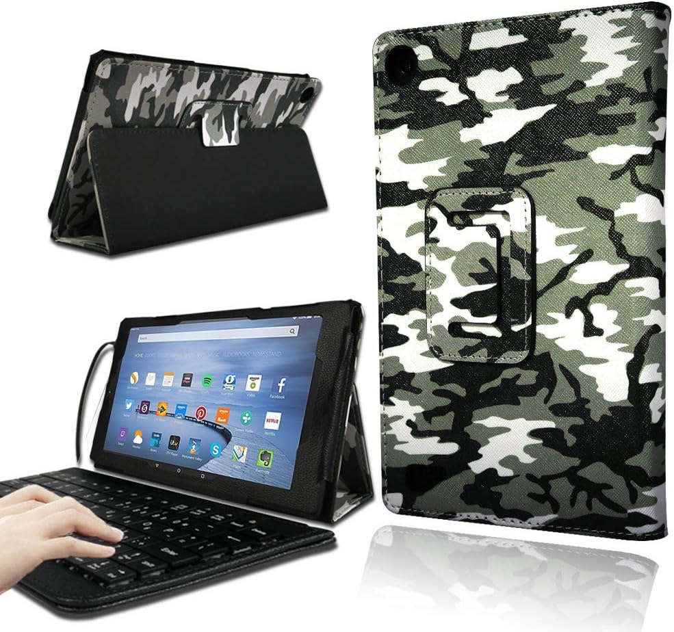 AmaBe for Amazon Fire HD 10 Inch Tablet Alexa (7th and 5th Generation,Released in 2017 and 2015) - Folio PU Leather Smart Folding Stand Cover Case with Mini Wired USB Keyboard Camouflage