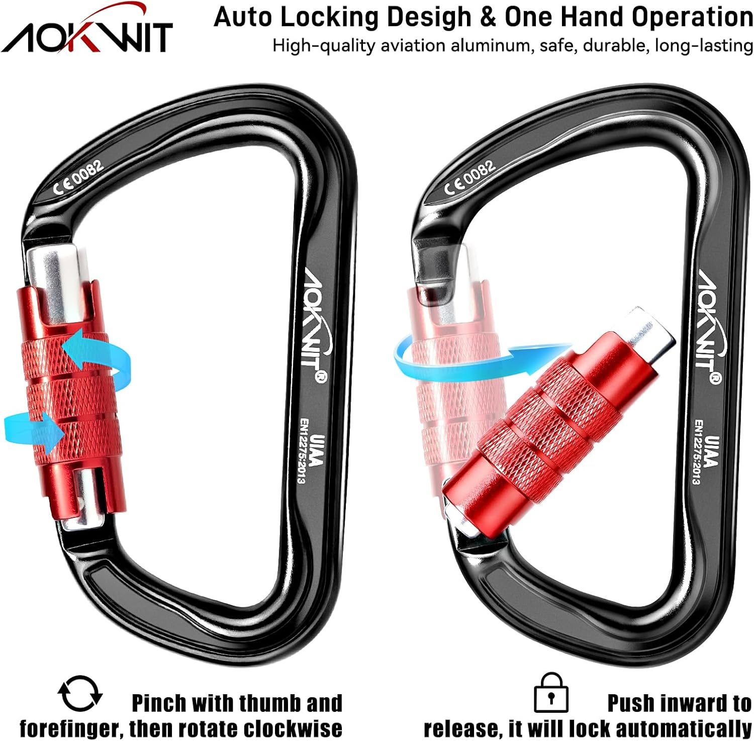 30KN Auto Locking Carabiner Clip Twist Lock UIAA Certified Large Climbing Carabiner Heavy Duty Carabiner for Rock Tree Climbing Rappelling Mountaineering Caving Rescue Arborist Aerial Yoga