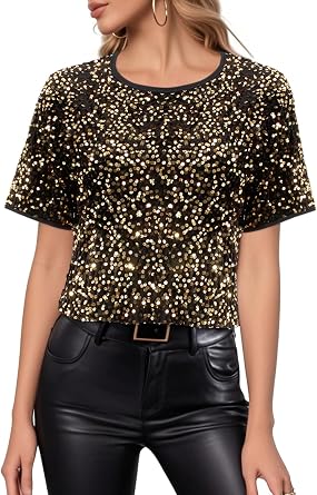 Segreto Womens Shiny Sequin T Shirt Short Sleeve Crew Neck Tee Shirts