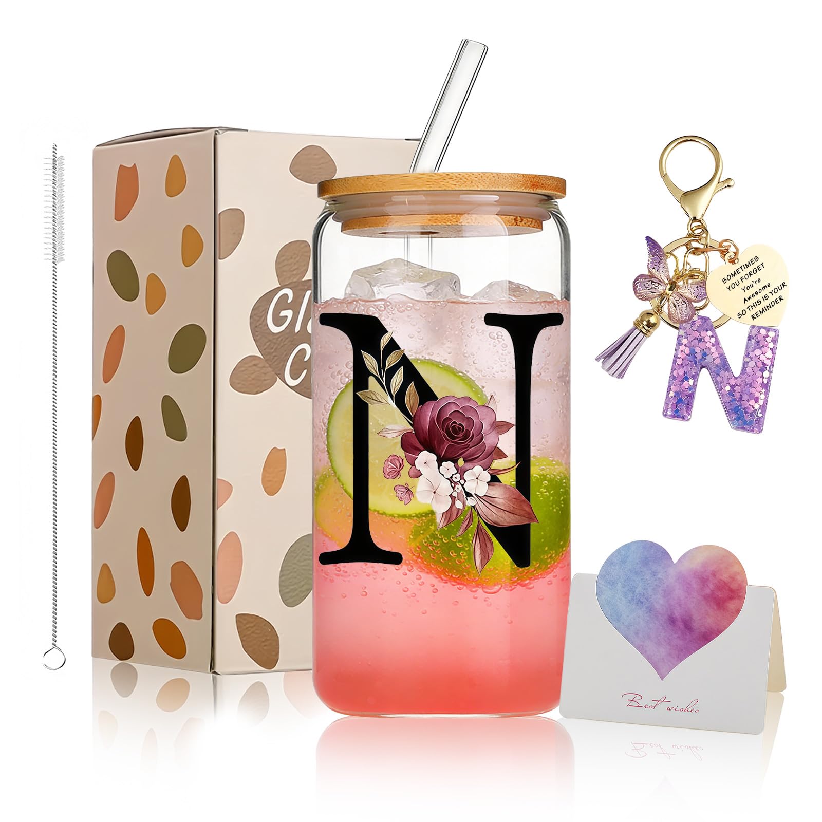 AWSOLAR 17.6oz Glass Cups with Lids and Straws, N Iced Coffee Cup, Personalised Gifts for Women and Men on Valentine, Mother, Father, Birthday, Christmas, Anniversary, Graduation Gifts