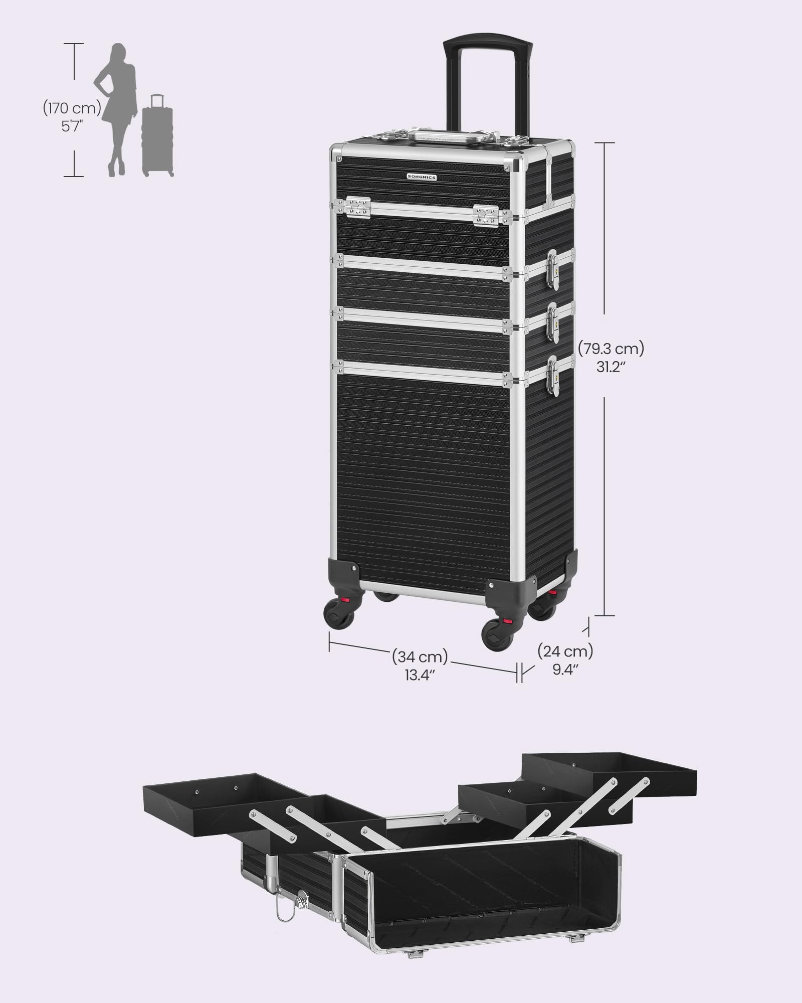 SONGMICS - Maletín de Maquillaje Profesional 3 en 1, maletín cosmético, bloqueable, Ruedas de 360°, para Viajes, manicura, maquillador, peluquería