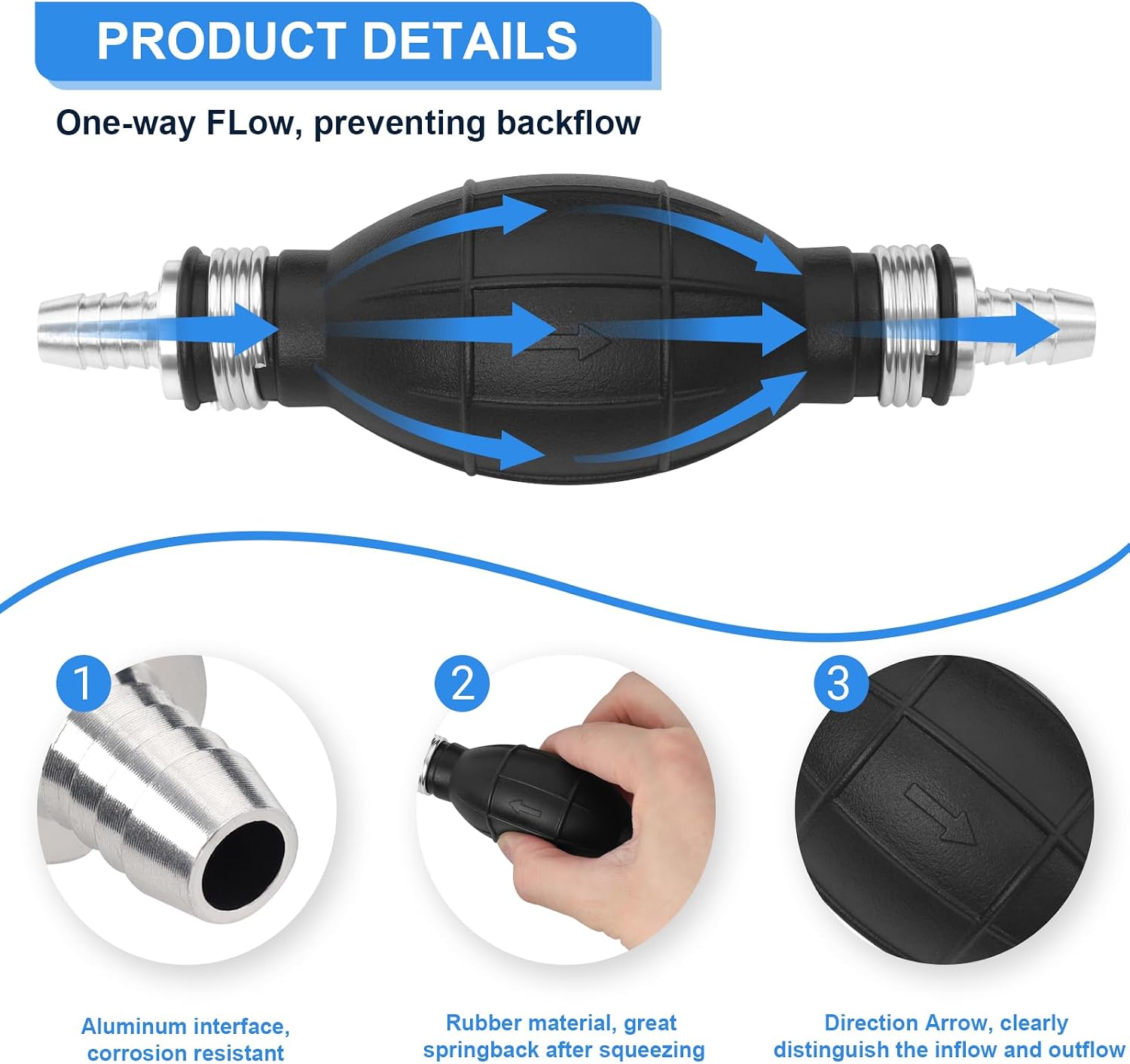 H-veenjor 3/8" Boat Primer Bulb Marine for Outboard Motor Universal Fuel Line Hand Primer Bulb Manual Black Rubber Fuel Transfer Vacuum Pump for Gas, Gasoline,Diesel, Water