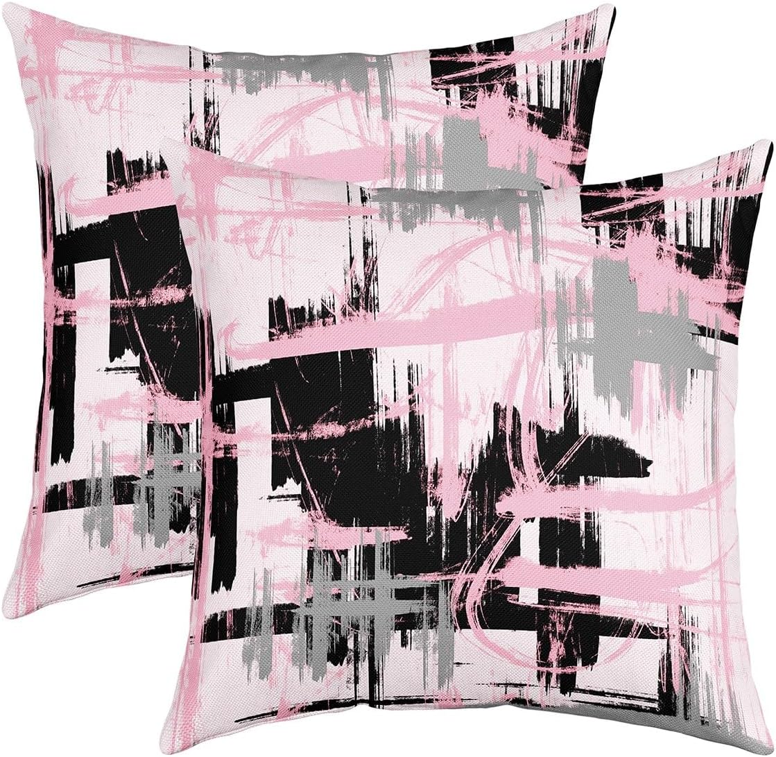 Feelyou Rose Pink Grey Black Reversible Throw Pillow Covers 22 x 22-Inch Kids Abstract Art Pillow Covers Home Decor for Boys Teens Modern Striped Art Square Cushion Covers Set of 2 Geometric