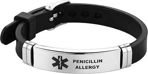 Miniatura 11 de Pulsera de identificación de alerta médica grabada con láser, pulsera ajustable negra ELIOUS para hombres y mujeres, primeros auxilios
