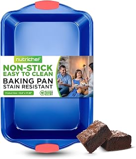 NutriChef Non Stick Baking Pan, Blue Carbon Steel Bake Pan with Red Silicone Handles, Commercial Grade Restaurant Quality Metal Bakeware, Compatible with Model NCSBSBL8