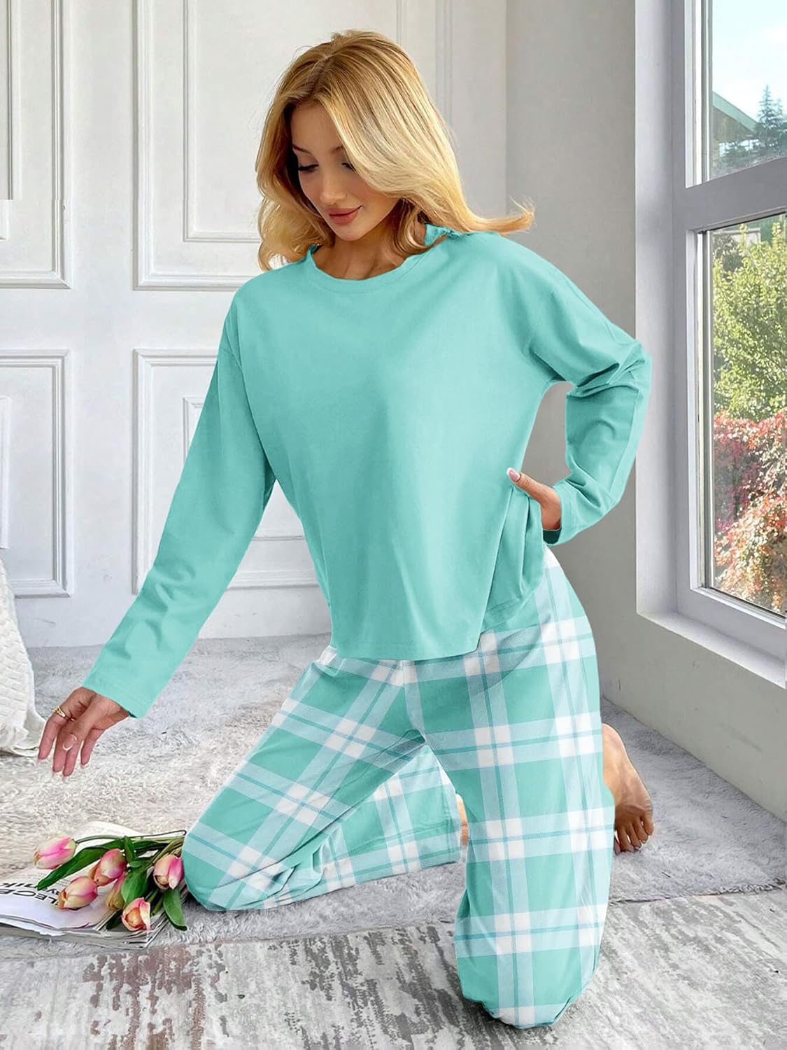 2 Pack Womens Soft Long Sleeve Sleep Set Comfortable Lounge Pull Over Hoodie and Henley Jogger - Image 6