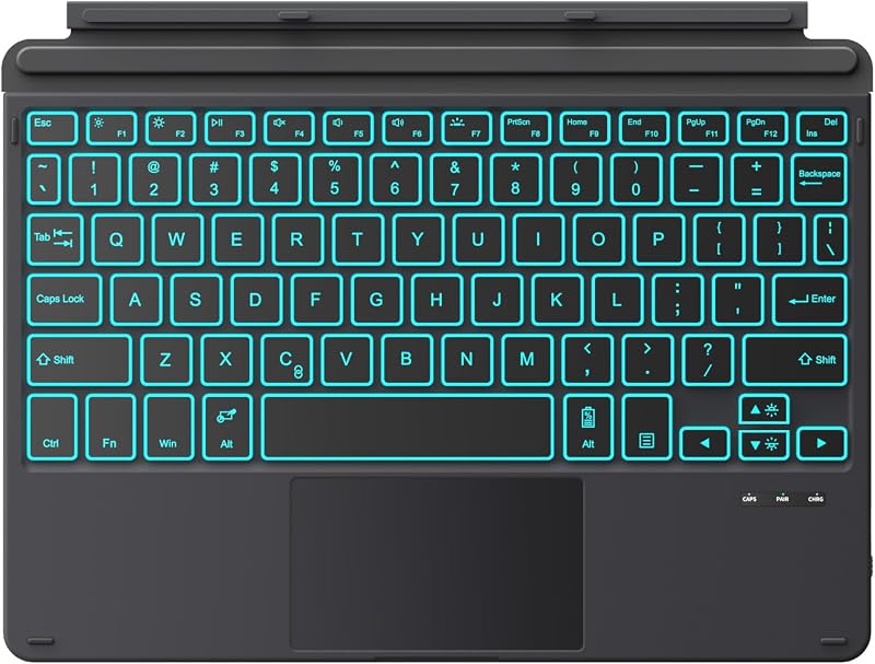 MoKo Bluetooth Billentyűzet Tok Surface Go 4/3/2/2018 Modellekhez, 7 Színű LED Háttérvilágítás, Érintőpaddal, Újratölthető Akkumulátor, Feke
