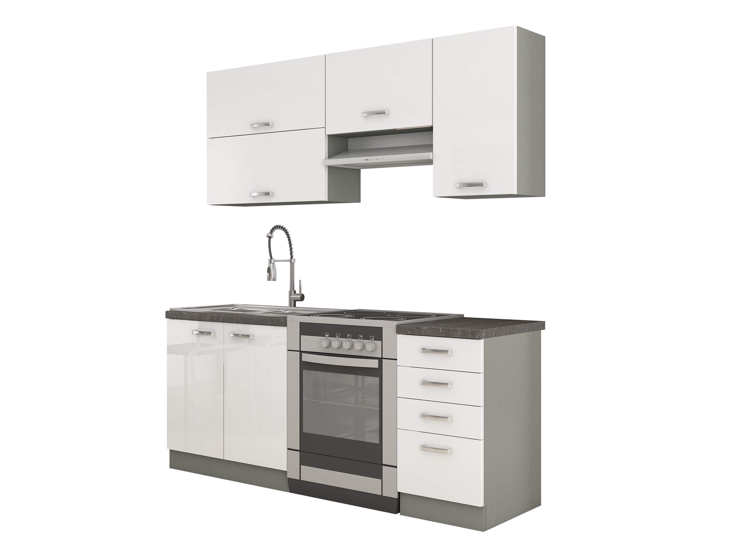 Mirjan24 Küche Multiline II, 180 cm Küchenblock/Küchenzeile mit Arbeitsplatte und Spülbecken, 5 Schrank-Module frei kombinierbar (Grau/Weiß Hochglanz; mit LED Beleuchtung)