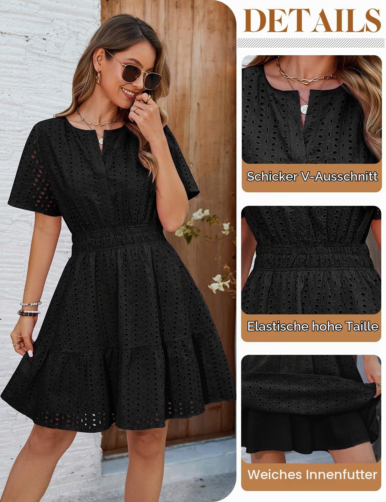 Svanco Sommerkleid Damen Baumwolle Kurzärmelige A-Linien Kleid Knielang Freizeitkleid Elegant V-Ausschnitt Midikleid für Frühling und Sommer