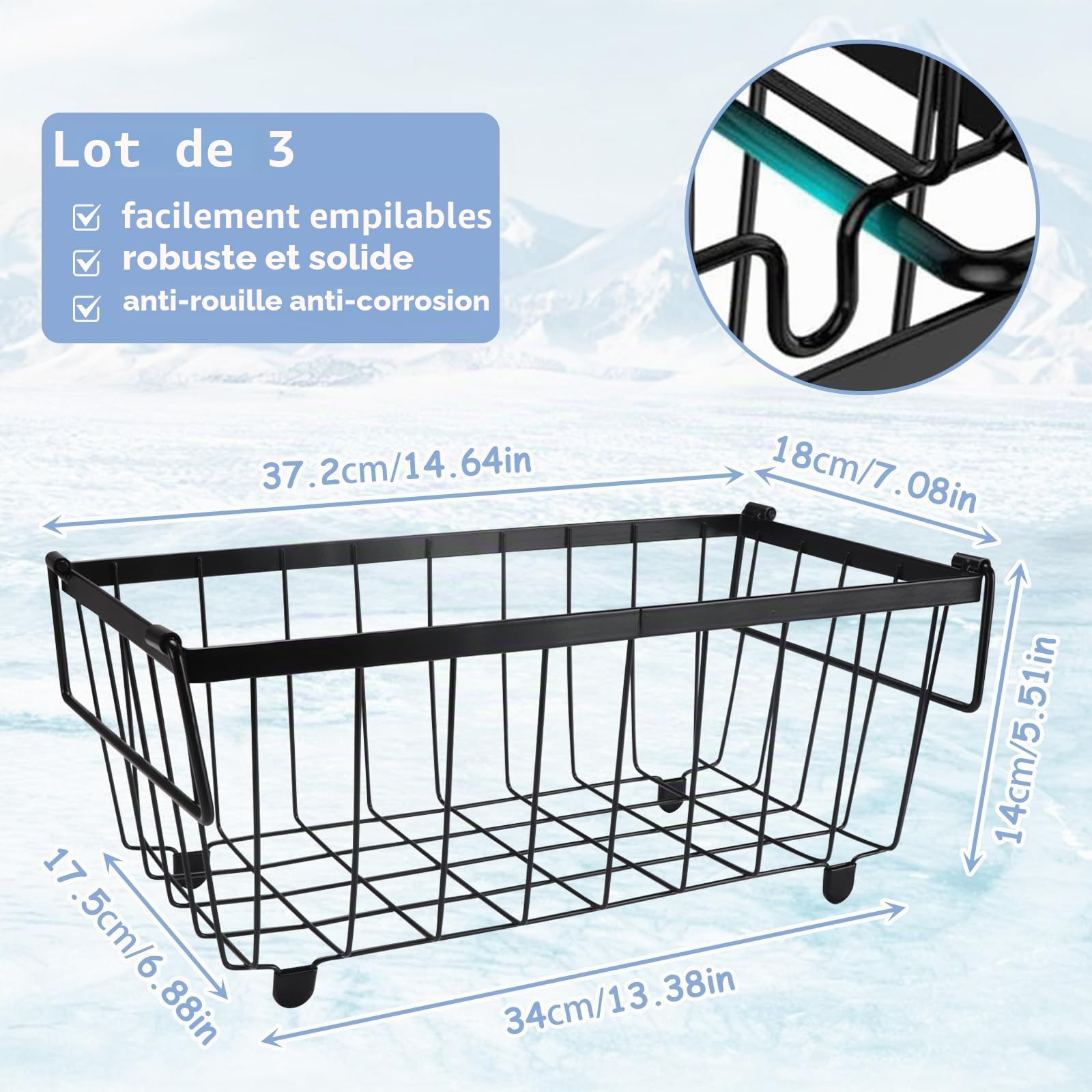 Paquet de 3 Paniers de Congélateur Coffre,37,2 x 18,8 x 14 cm,Paniers de Congélateur Empilables Noirs, Organisateur de Congélateur Polyvalent avec Poignées et Fond Antidérapant pour Frigo Congelateur